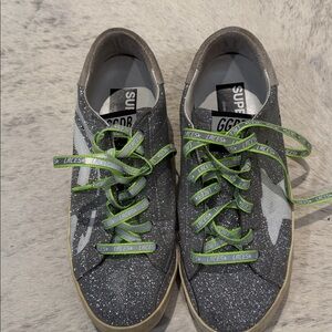 Golden Goose Superstar Glitter Sneakers with Green Laces